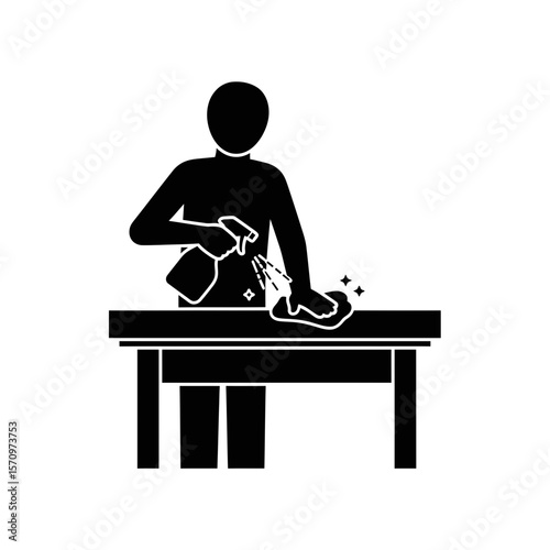 Black Silhouette Icon: Cleaning Home Table, Sanitizing Kitchen Surface