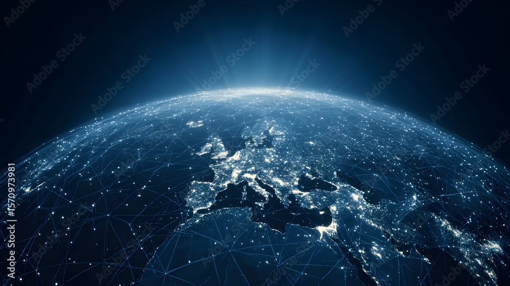 Obraz premium Earth globe at night with illuminated cities and interconnected network lines on dark blue