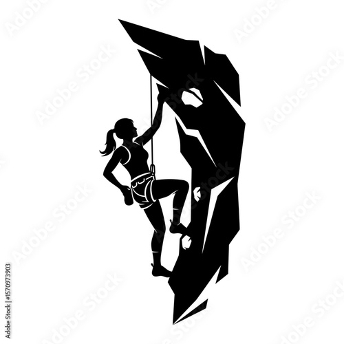 Black Silhouette Icon: Female Climber on Rocky Wall Determination