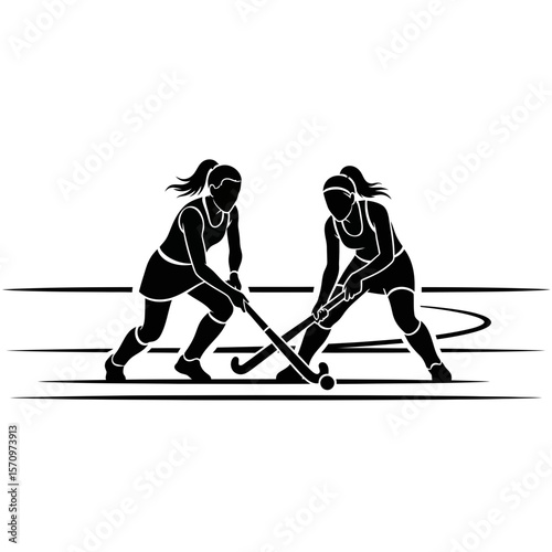 Black Silhouette Icon: Female Field Hockey Players in Action