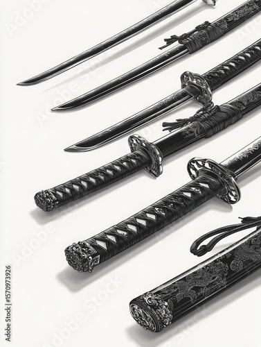 Five meticulously crafted Japanese swords, sheathed and unsheathed, displayed against a stark white background, showcasing intricate hilt details and blade sharpness