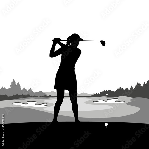 Black Silhouette Icon: Male Golf Player on Professional Golf Course