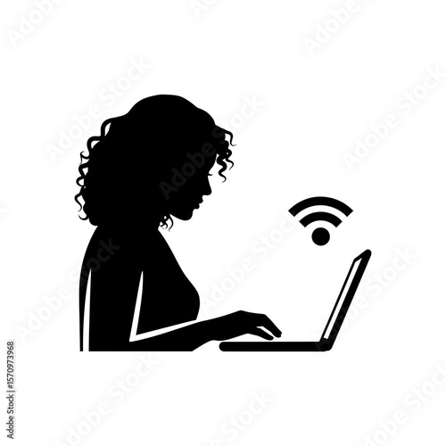 Black Silhouette Icon Female freelancer connecting to internet via computer.