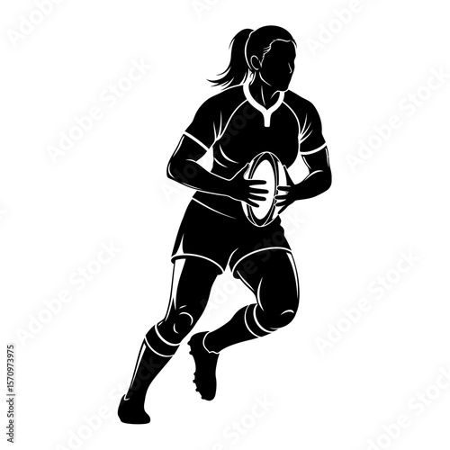 Black Silhouette Icon: Female Rugby Player Holding Ball Strong Stance