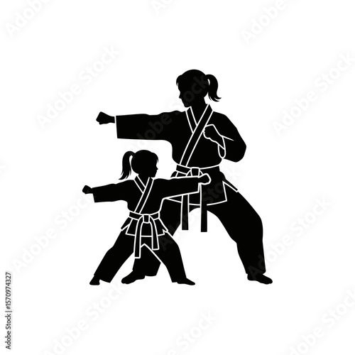 Black Silhouette Icon: Mother & Daughter Practicing Martial Arts Together