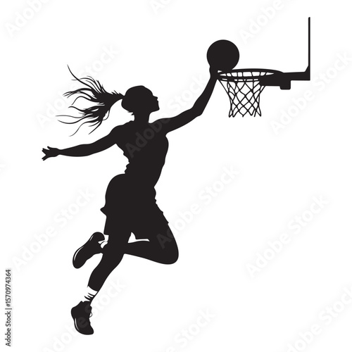 vector silhouette of a female basketball player slam dunk, scoring the ball to the net, transparent background 