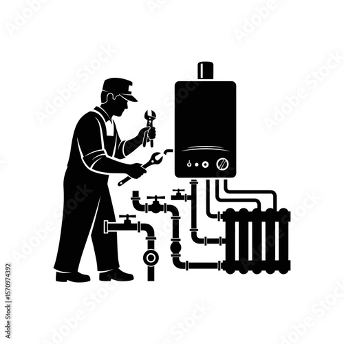 Black Silhouette Icon: Plumber Fixing Central Heating System Repair