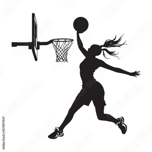 vector silhouette of a female basketball player slam dunk, scoring the ball to the net, transparent background 