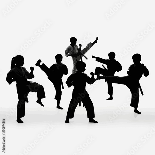 Black Silhouette Icon: Group of Kids Training Karate Martial Arts
