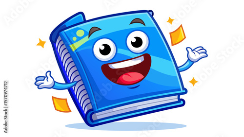 A happy blue notebook flips its own pages with glee, featuring glossy covers and expressive eyes. It looks excited to hold notes and memories of classroom adventures.