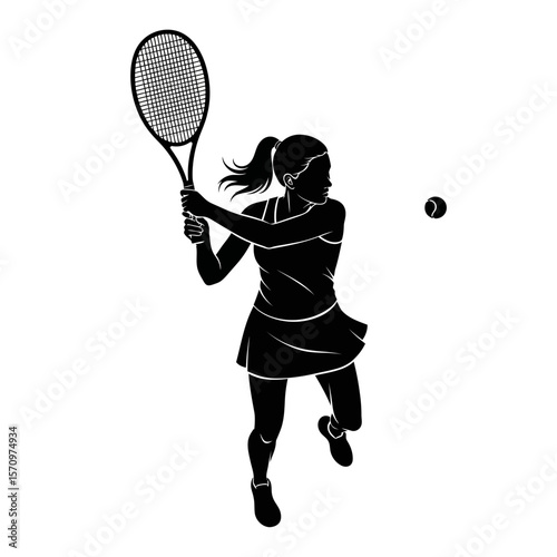 Black Silhouette Icon Young woman playing tennis.