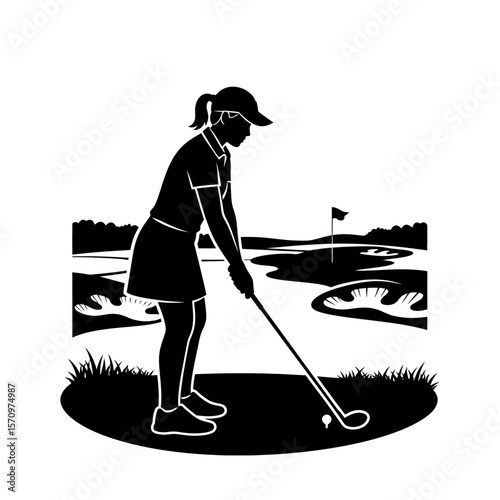 Black Silhouette Icon: Young Woman Golfer Lining Up Tee Shot