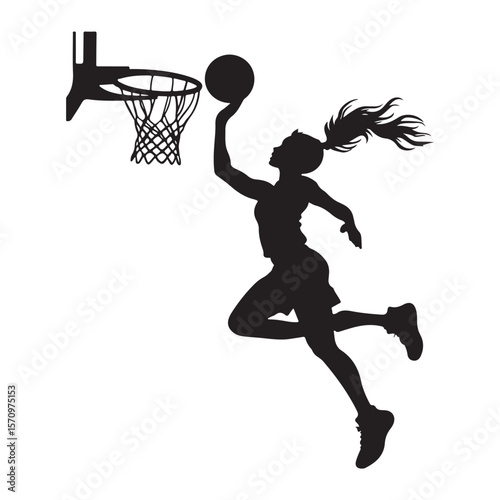 vector silhouette of a female basketball player slam dunk, scoring the ball to the net, transparent background 