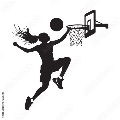 vector silhouette of a female basketball player slam dunk, scoring the ball to the net, transparent background 