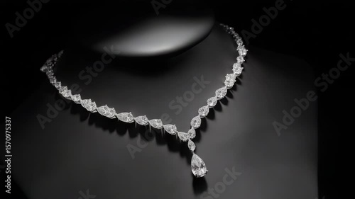 Elegant diamond necklace display black background jewelry photography luxury environment close-up view stunning craftsmanship	
