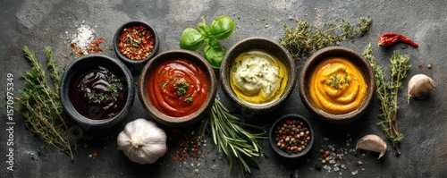 Five vibrant sauces in rustic bowls, surrounded by fresh herbs, garlic, and assorted spices on a dark stone background