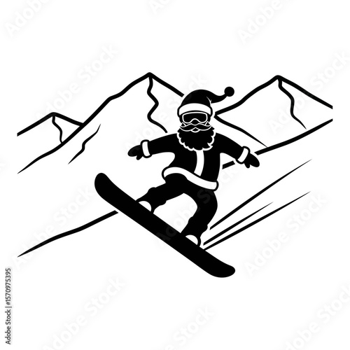 Santa Claus is snowboarding down a ski slope with excitement.