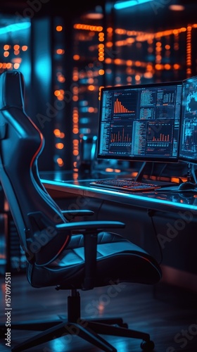 Gaming setup with glowing monitors and a chair set in a futuristic room