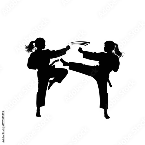 Two Girls Celebrating Sports Demonstrating Taekwondo Action