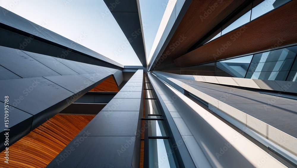 Obraz premium Displaying converging metal beams and wood slats reaching toward sky in urban atrium, with glass