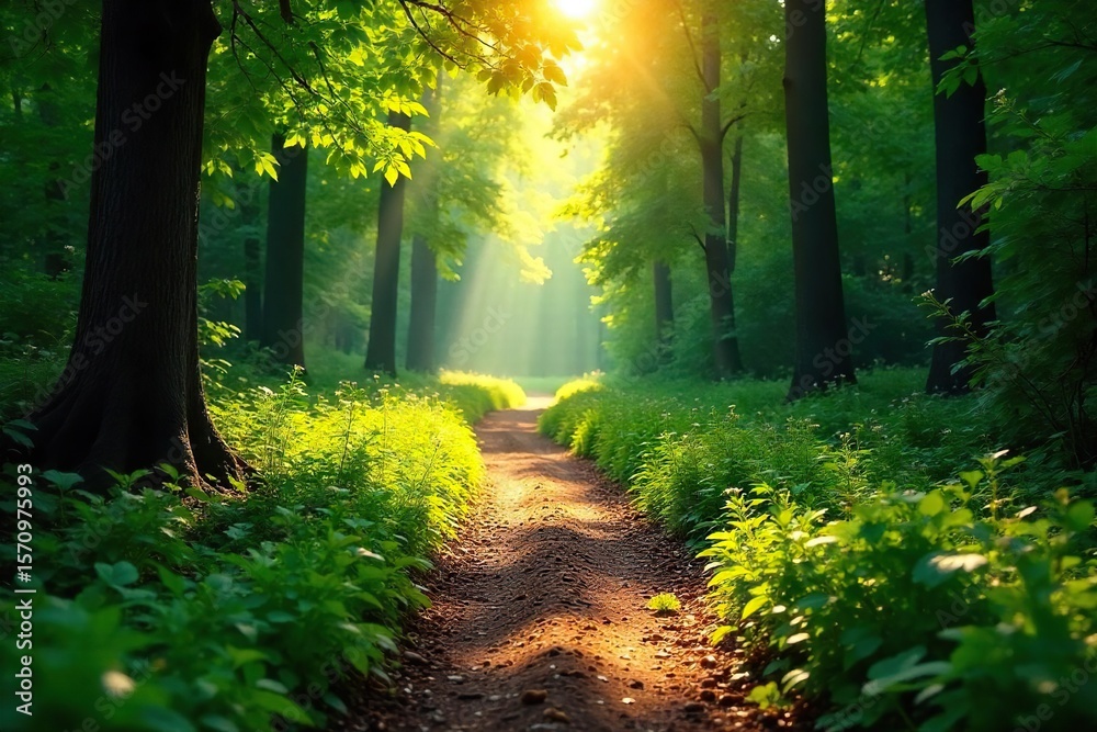Obraz premium Sunlit Path Winding Through Lush Summer Forest Magical Atmosphere, Perfect for Travel and Serenity