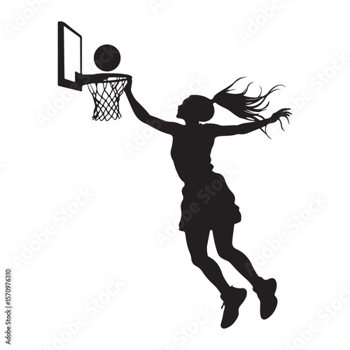 vector silhouette of a female basketball player slam dunk, scoring the ball to the net, transparent background 