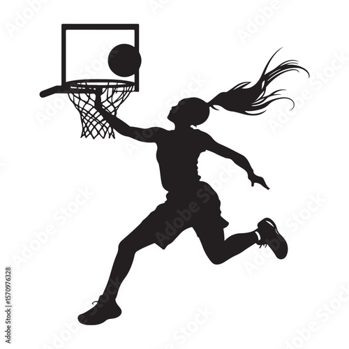 vector silhouette of a female basketball player slam dunk, scoring the ball to the net, transparent background 
