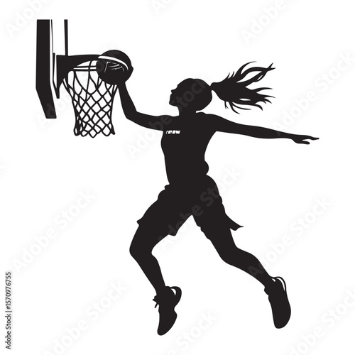 vector silhouette of a female basketball player slam dunk, scoring the ball to the net, transparent background 