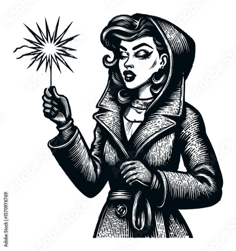 Vintage Style Illustration of a Woman Holding a Sparkler in a Hooded Coat
