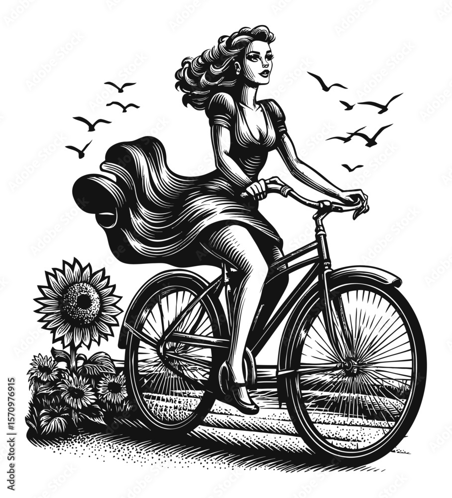 Obraz premium Woman Riding Bicycle with Vintage Style, Sunflower, and Birds in Scenic View