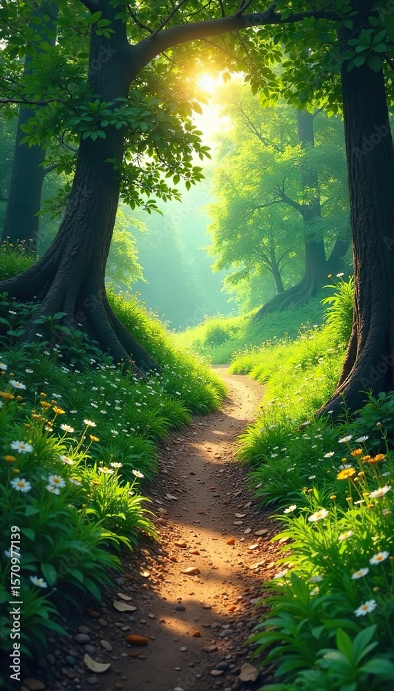 Fototapeta premium Sun-Dappled Path Through Lush Green Meadow A Journey of Freedom and Exploration
