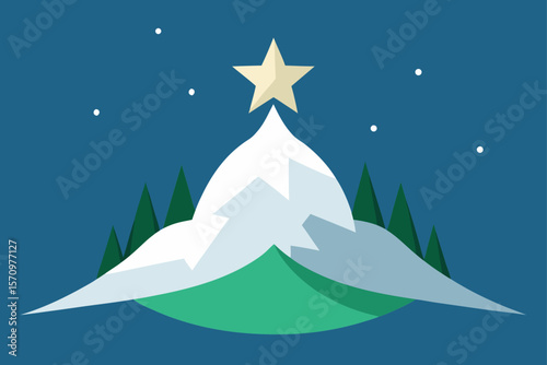 A festive Christmas card with Santa Claus and a snowman against a serene winter mountain landscape with a starry night sky and snowy trees