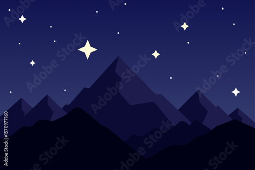 Starry night sky over a dark winter landscape with silhouetted trees and mountains, illuminated by moonlight