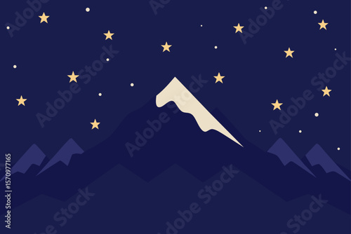 A magical dark blue night sky with twinkling stars, a serene moon, and a lone tree creates a beautiful winter landscape perfect for a Christmas holiday card illustration