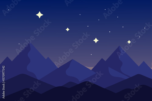 A stunning night landscape unfolds with a starry sky above majestic mountains, hinting at the serene beauty of nature under the moon