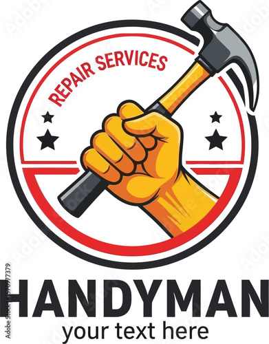 Hand holding hammer in repair services logo with stars and text below