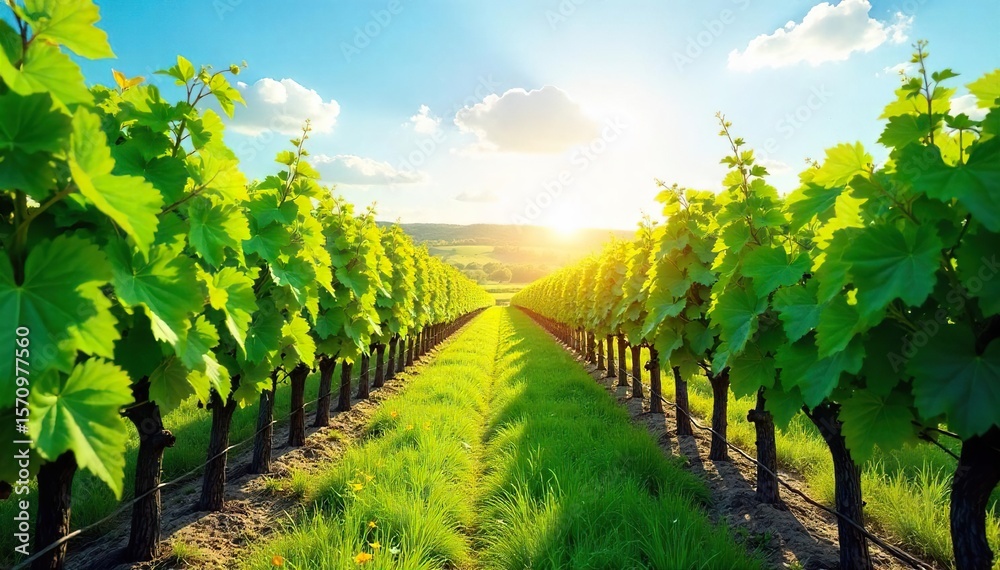 Naklejka premium Sun-Drenched Grapevines Stretching to the Horizon A Picturesque Vineyard Landscape Under a Brilliant Blue Sky, Ideal for Wine, Travel, and Viticulture Promotion