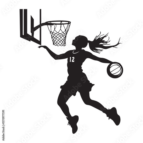 vector silhouette of a female basketball player slam dunk, scoring the ball to the net, transparent background 