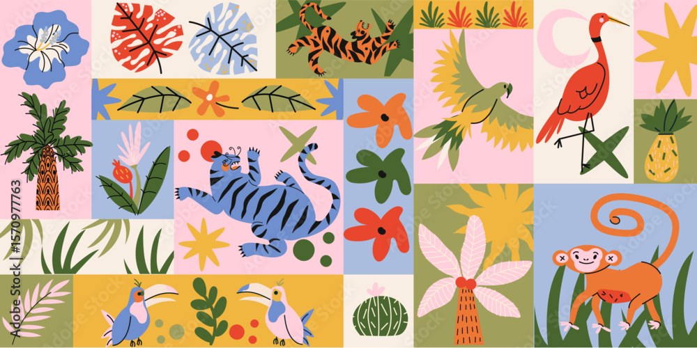 Fototapeta premium Seamless tropical pattern in retro cartoon style. Jungle elements: palm tree, leopard, snake, toucan, exotic leaves. Colorful graphic design with bold summer vibe in cartoon style