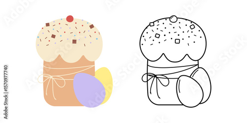 HandDrawn Easter Cake and eggs Colorful and Outline Easter Sticker Icon Pictogram Design Element Set