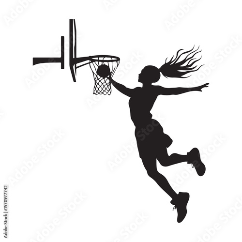vector silhouette of a female basketball player slam dunk, scoring the ball to the net, transparent background 
