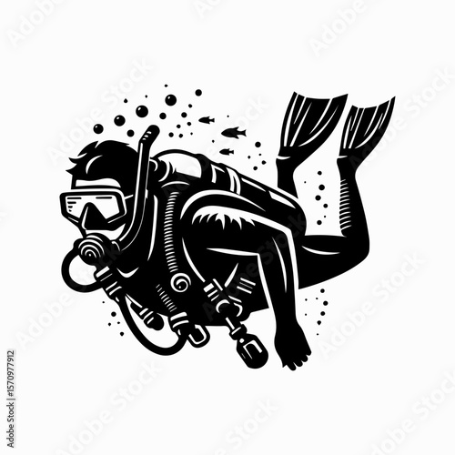 Scuba Diver Logo Vector Swimming Underwater with Gear Isolated on White

