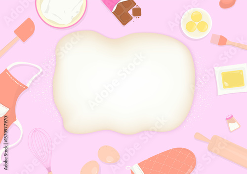 Bread dough and baking utensils background