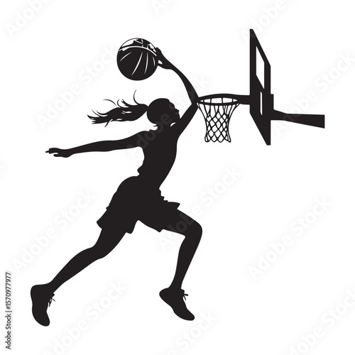 vector silhouette of a female basketball player slam dunk, scoring the ball to the net, transparent background 