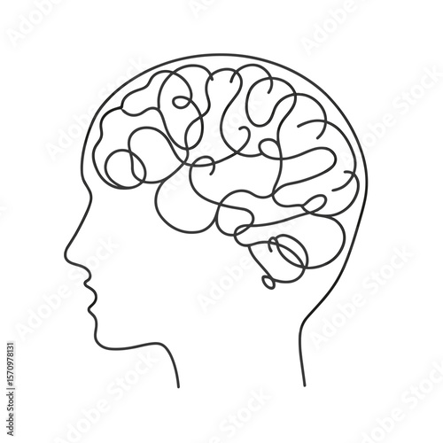 Minimalistic continuous line drawing of human head with abstract brain, black and white illustration for psychology, mental health or intelligence concept