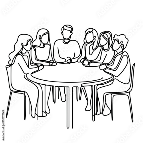 Continuous line drawing of group discussion around round table, minimalistic black and white illustration for teamwork, meeting or community concept
