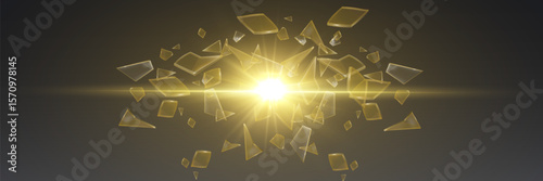 Broken glass shards fly with a bright glowing explosion effect.