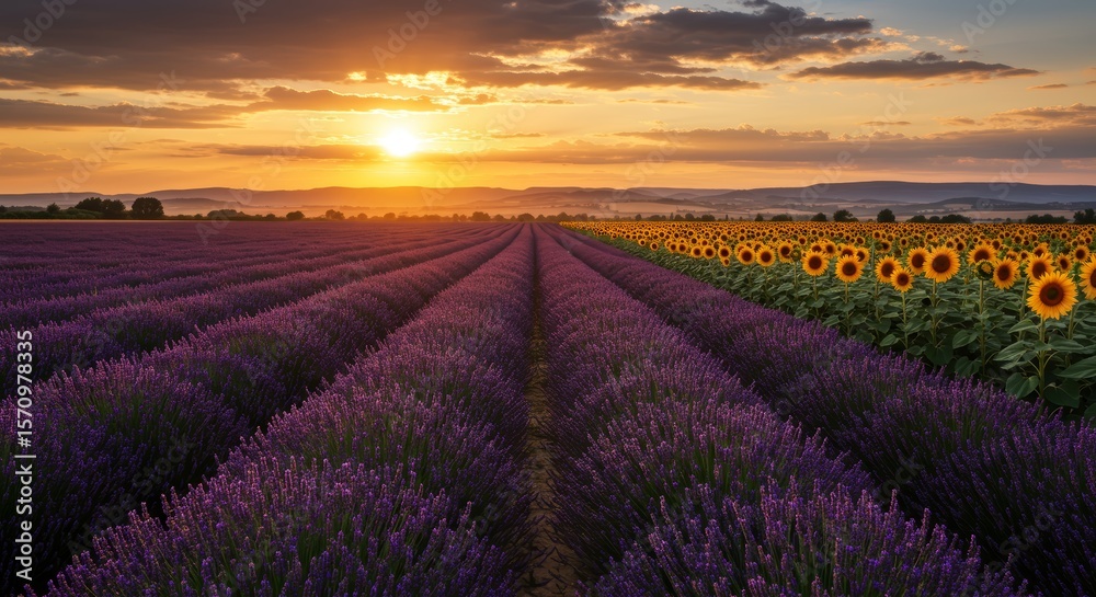 Fototapeta premium Lavender and Sunflower Sunset Fields