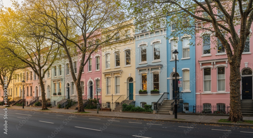 Fototapeta premium Pastel-Colored Victorian Townhouses on a Tree-Lined Street