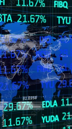 Animation of graphs, financial data and world map on black digital screen